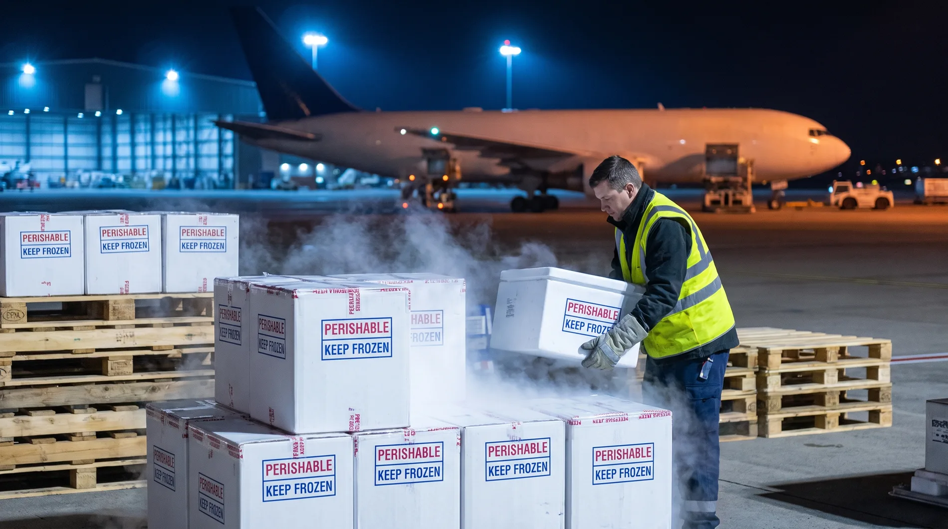 Ground crew loading dry ice cold-chain cargo beside a freight aircraft at night
