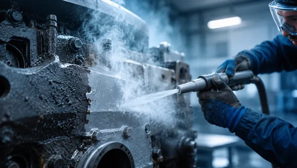 Technician dry ice blasting a greasy industrial machine part, CO2 vapor lifting grime