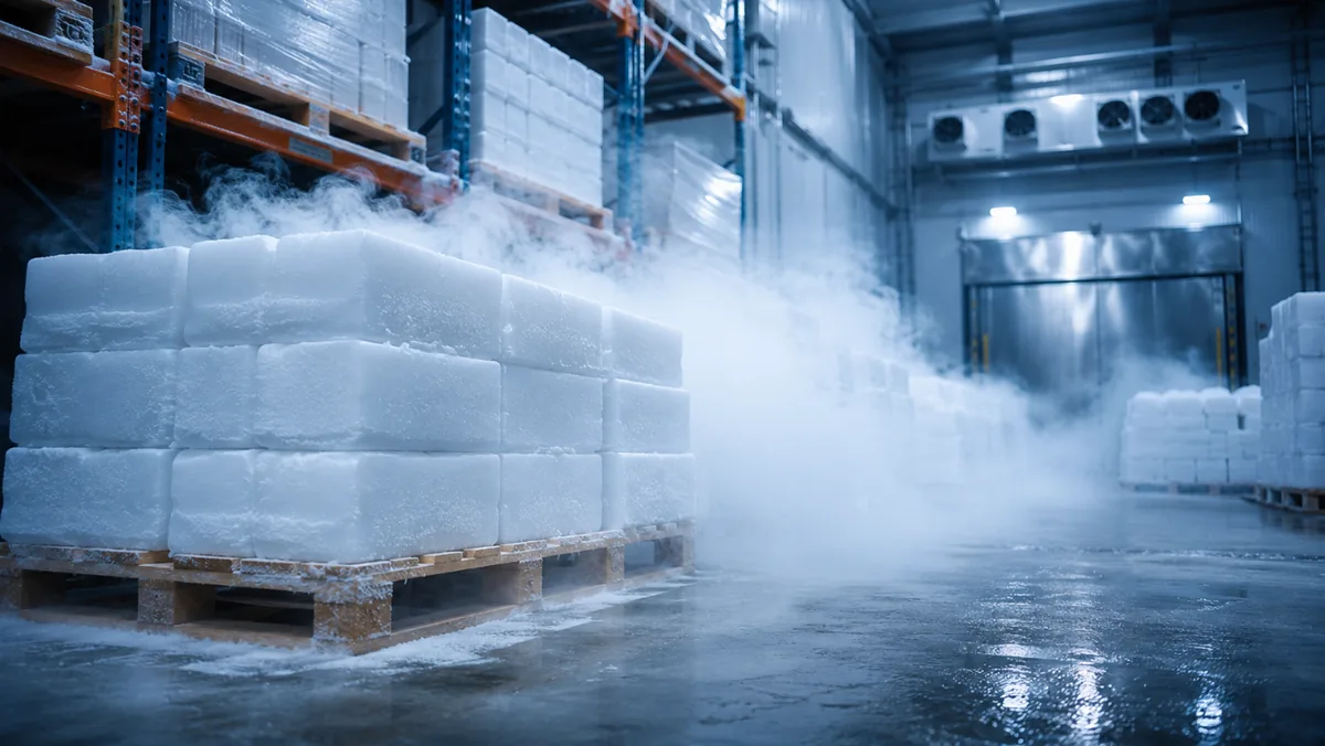 Pallets of food-grade dry ice blocks in a Sub-Zero cold room