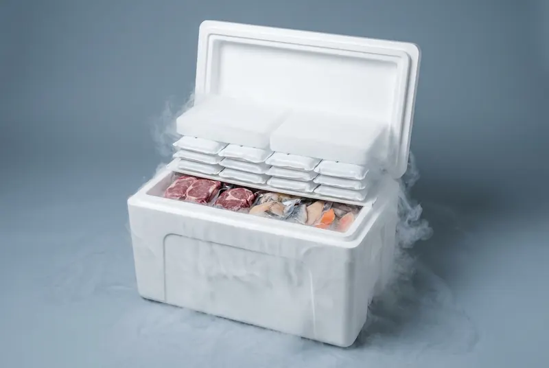 Hard cooler packed in layers: steak and seafood at the bottom, a row of gel packs above, dry ice slabs on top