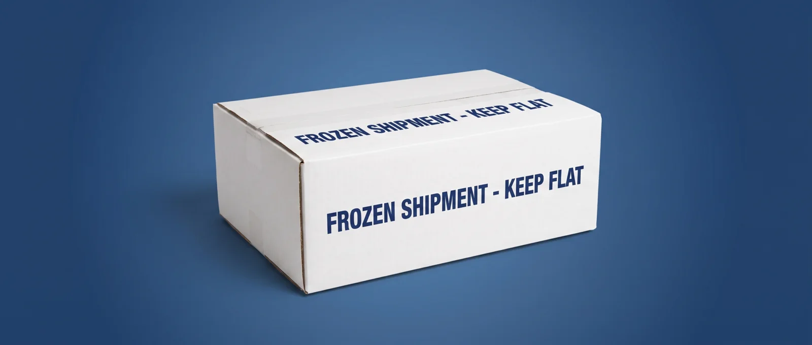 Custom-branded white shipping box printed with a frozen-shipment label