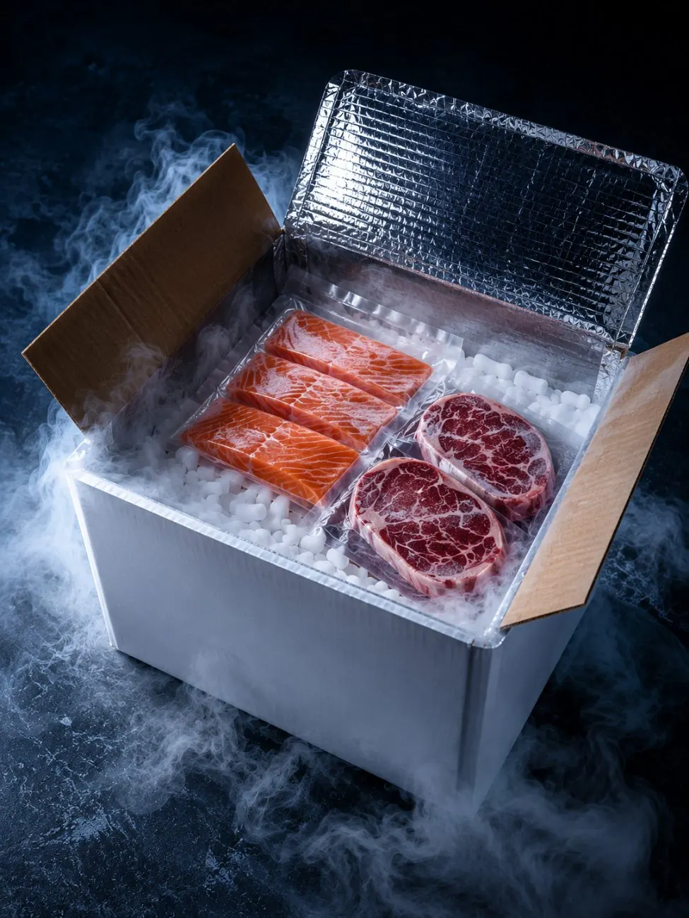 Food-grade dry ice packed for shipping frozen food orders