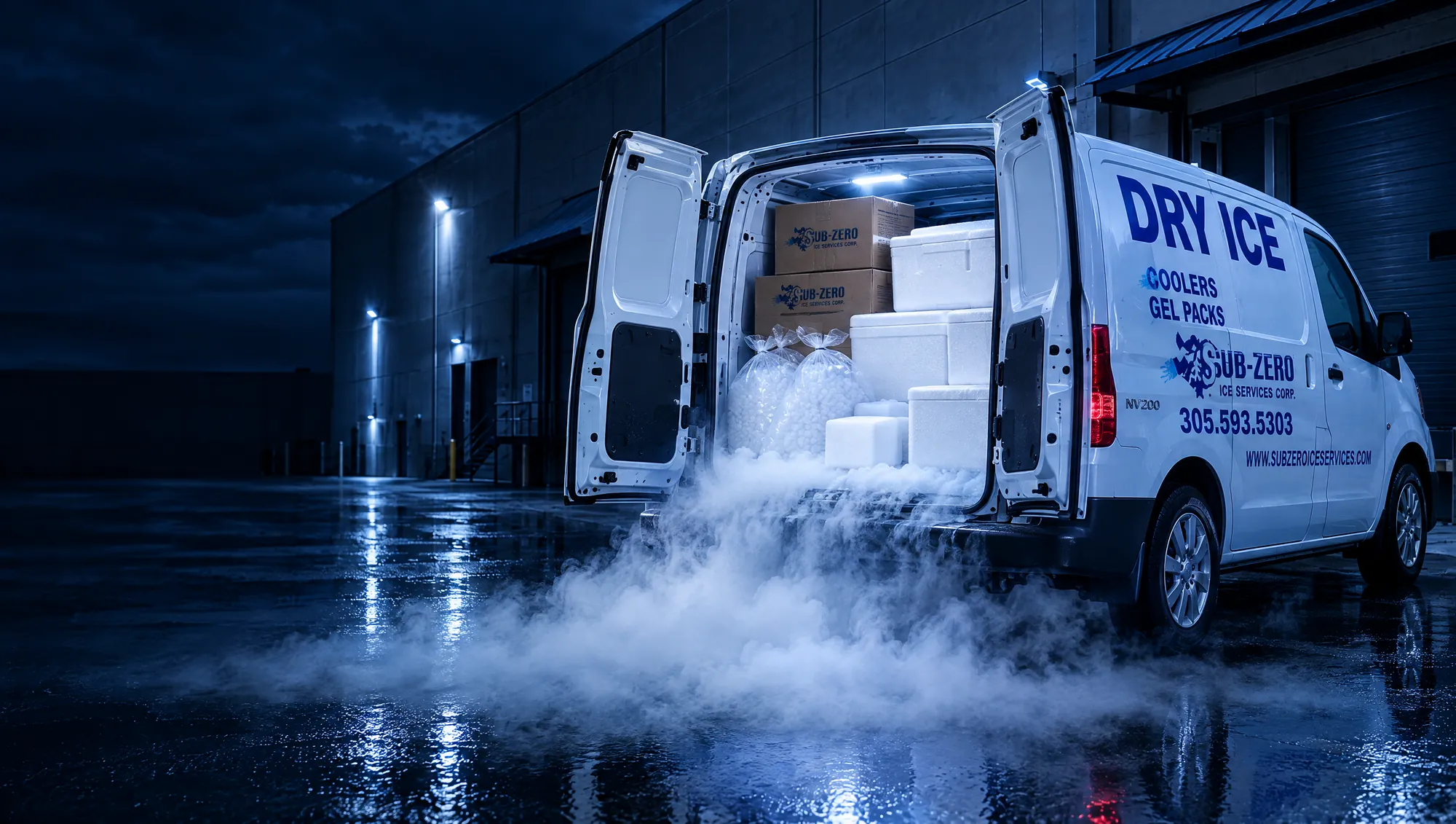Sub-Zero delivery van loaded with dry ice and coolers, ready to dispatch