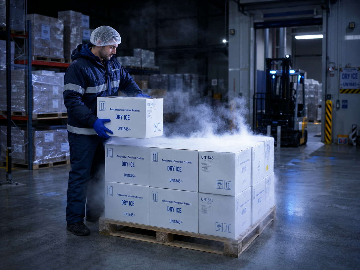 Sub-Zero warehouse worker loading sealed dry ice shipment boxes onto a pallet
