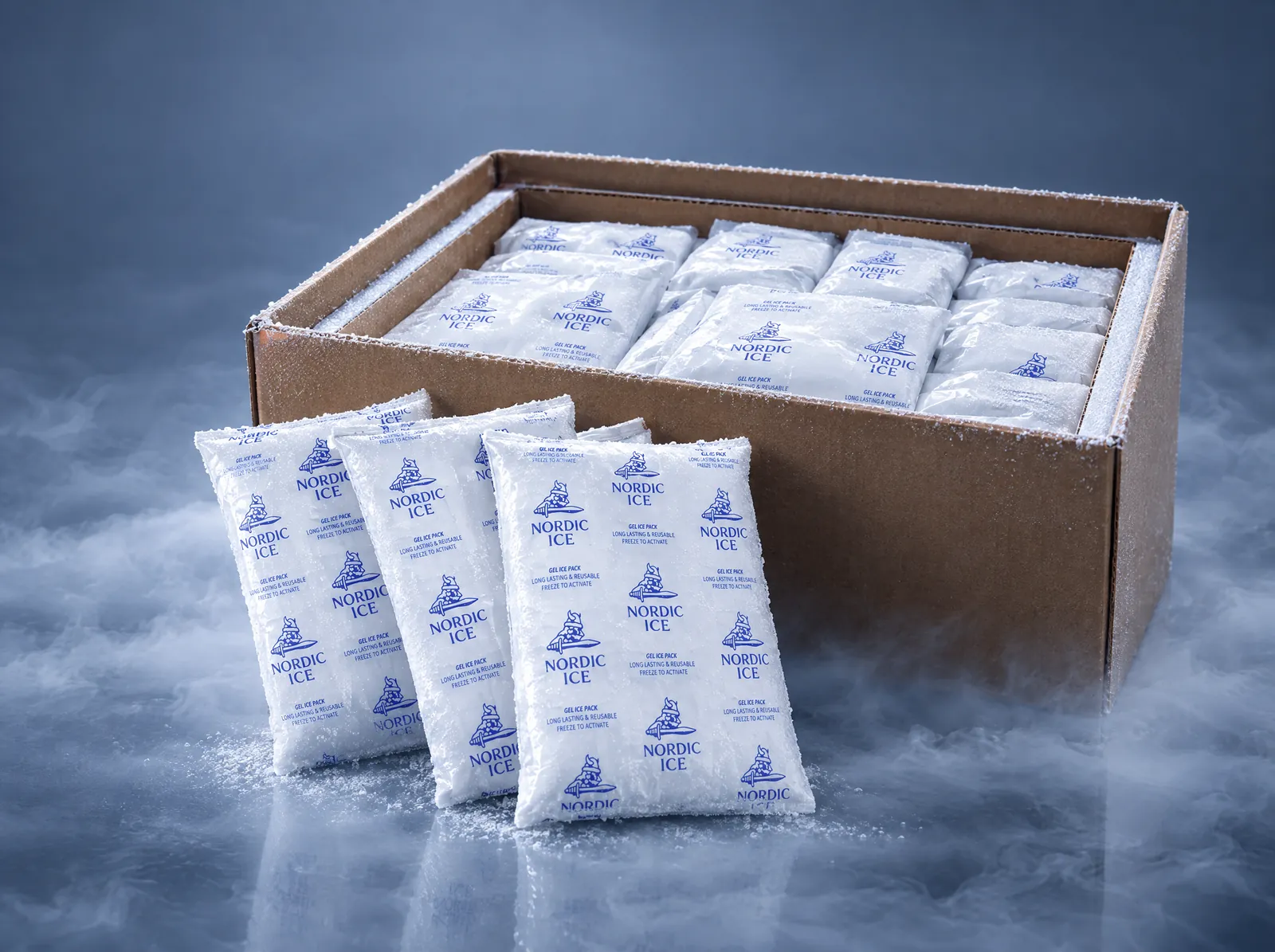 Gel packs reutilizables Nordic Ice frente a una caja llena, escarchados de hielo