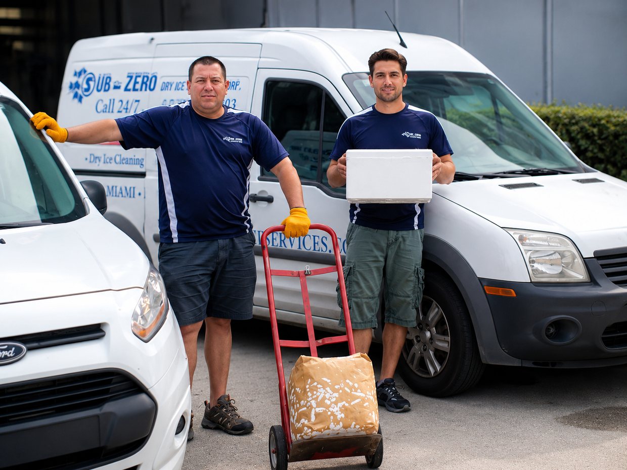 Two Sub-Zero Dry Ice technicians with a dry ice block and cooler beside the company delivery vans in Miami