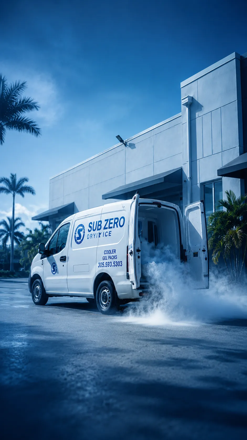 Sub-Zero Dry Ice delivery van parked outside the company's Miami facility