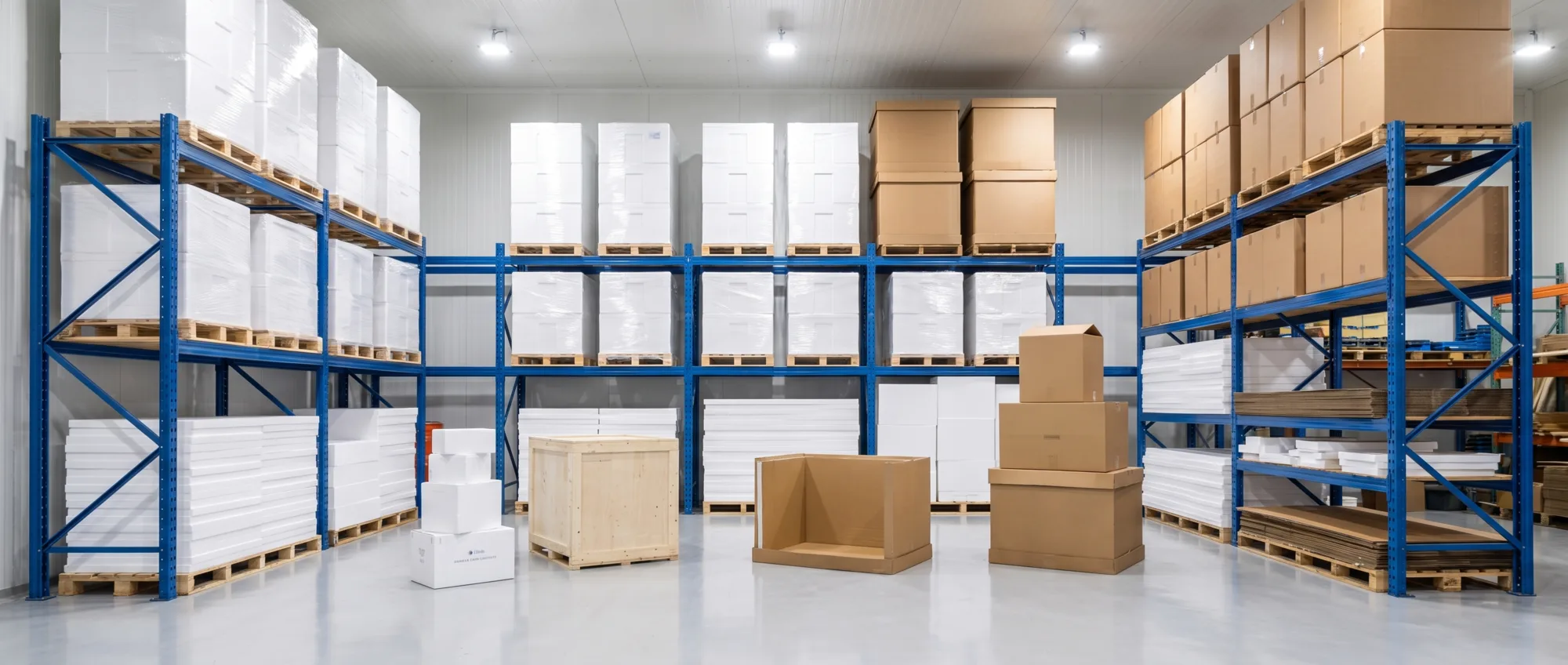 Organized Sub-Zero warehouse stocked with EPS foam insulated coolers and shipping cartons on pallet racking